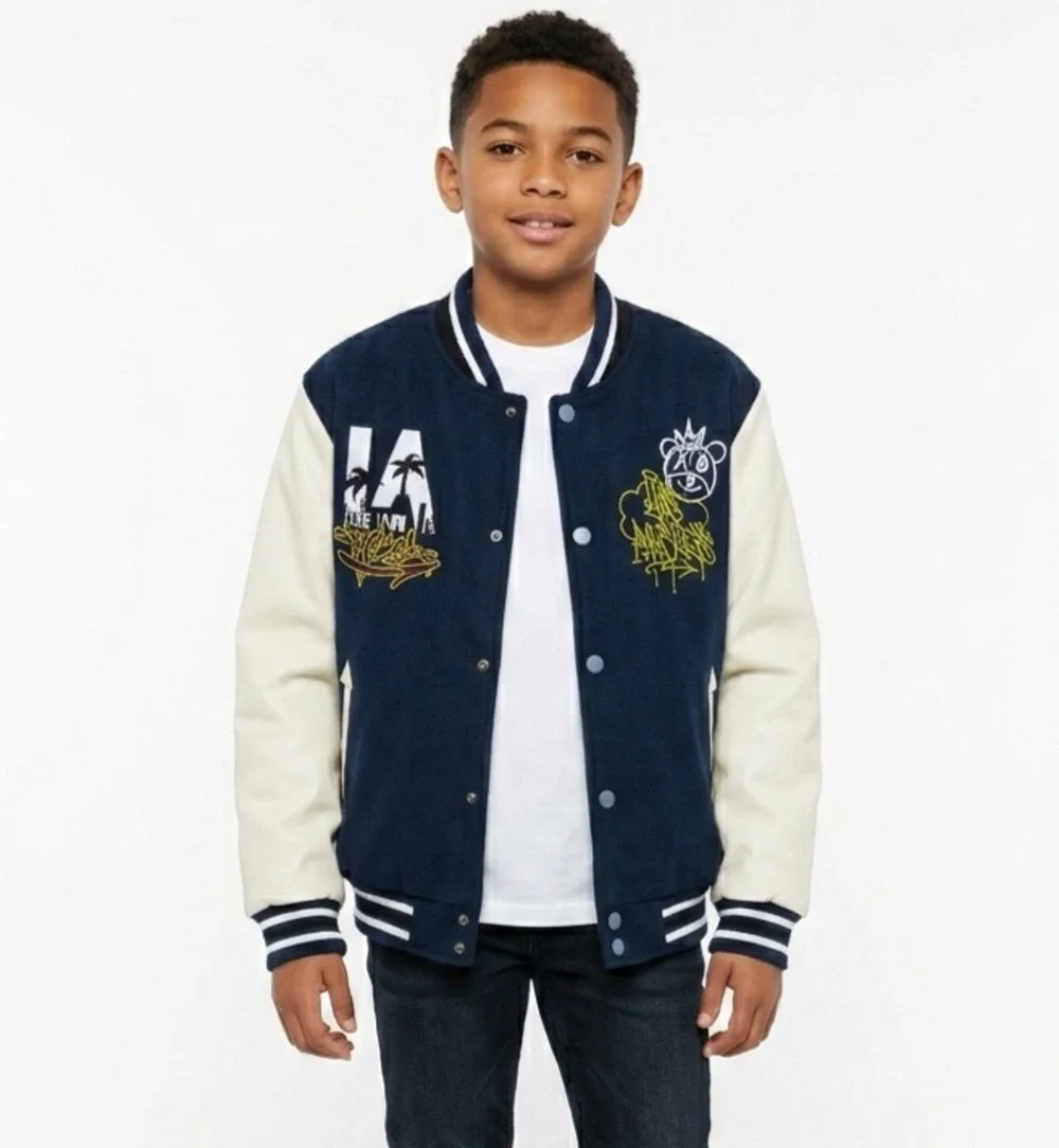 Ring Of Fire JUCAL Boys XL Varsity Jacket Navy Off White LA Patches Youth NWT